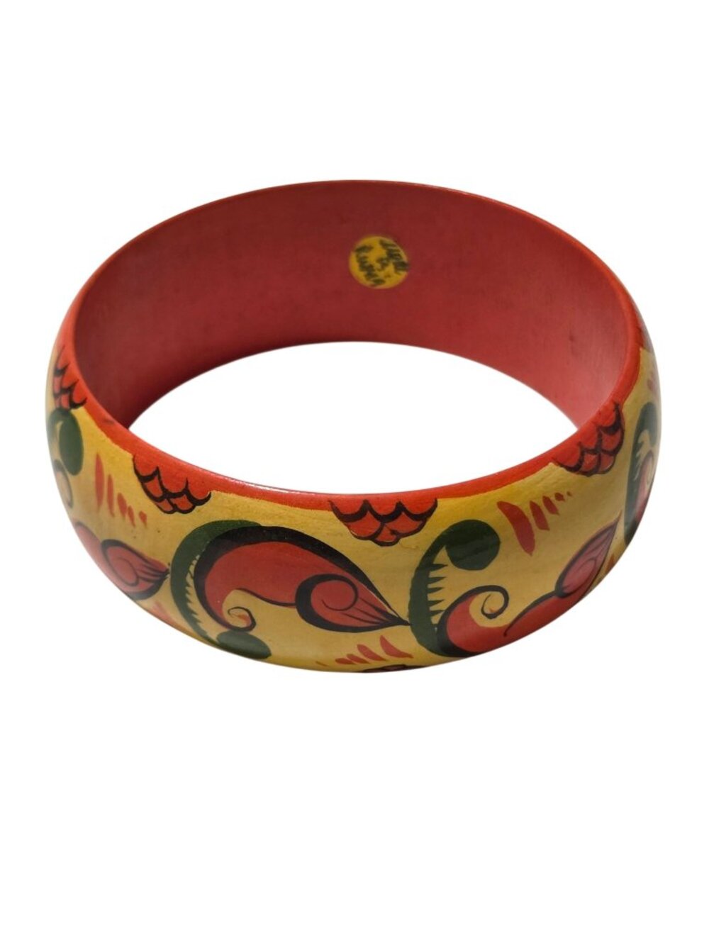 Hand Painted Wooden Bangle Bracelet Orange Colorful Floral Design Jewelry Women